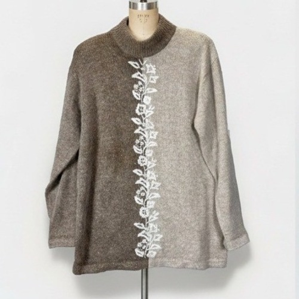 Vintage Mock Neck Sweater M Brown Silk Angora Floral Embroidery Neutral Earthy